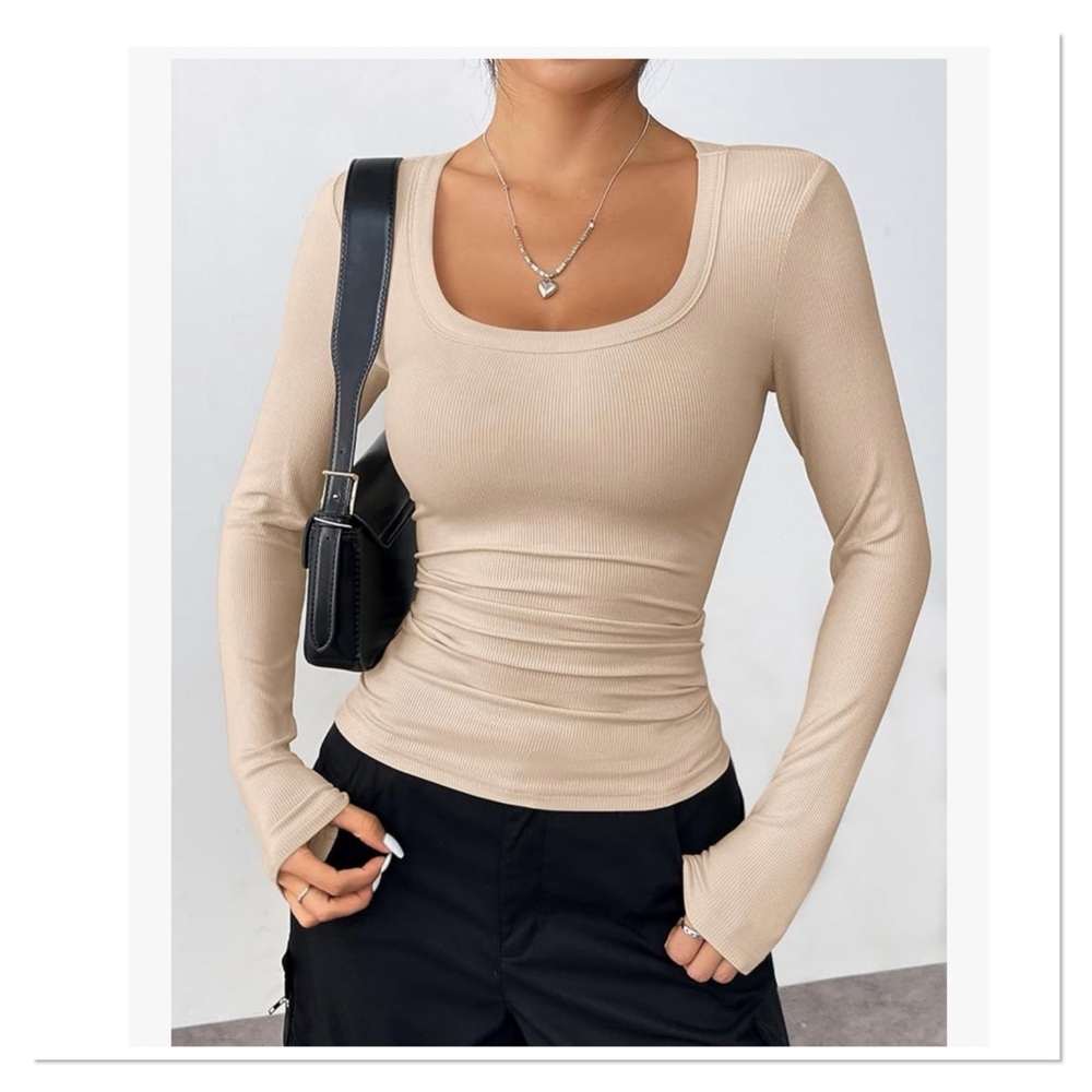 ZEAGOO Beige Ribbed Knit Long Sleeve Fitted Top